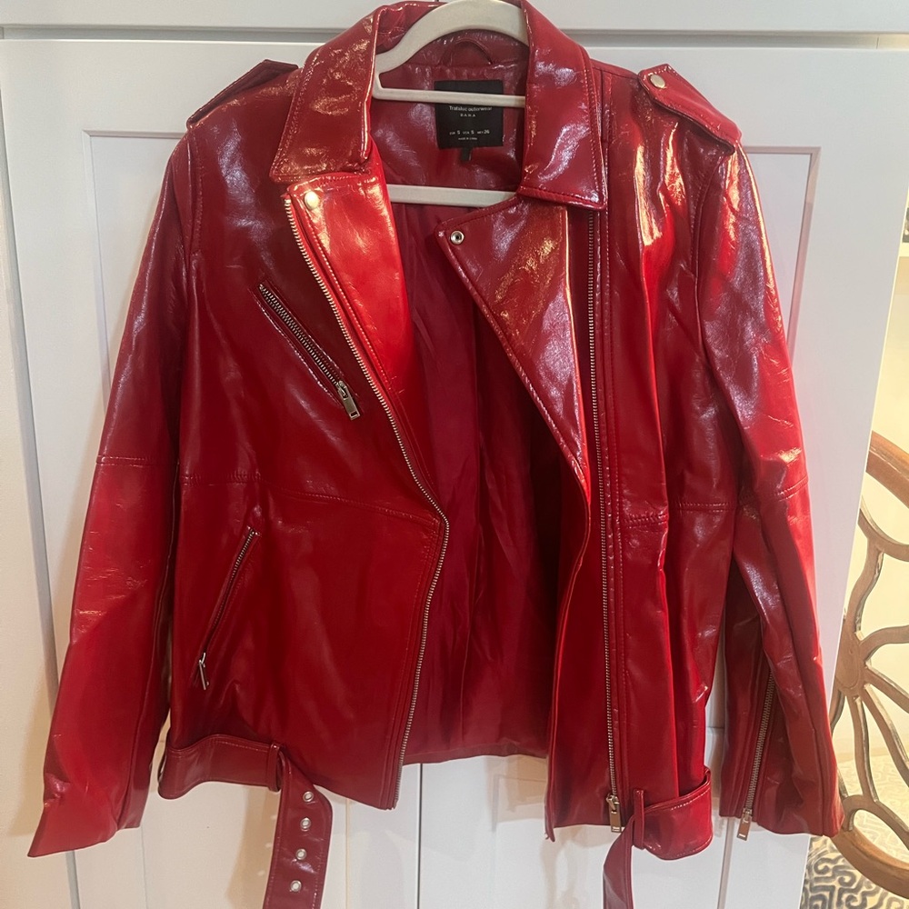 Zara Red Faux Leather Biker Jacket